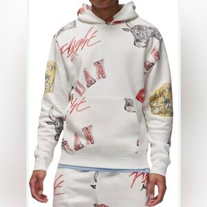 Jordan White Hoodie with Red and Gold Graphics read all M